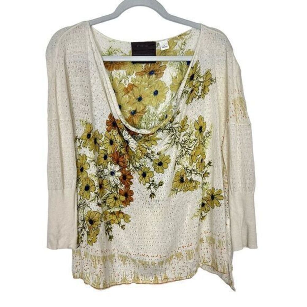 Anthropologie Pointelle Knit Daisy Sweater Top Linen Medium Cream Floral Cowl